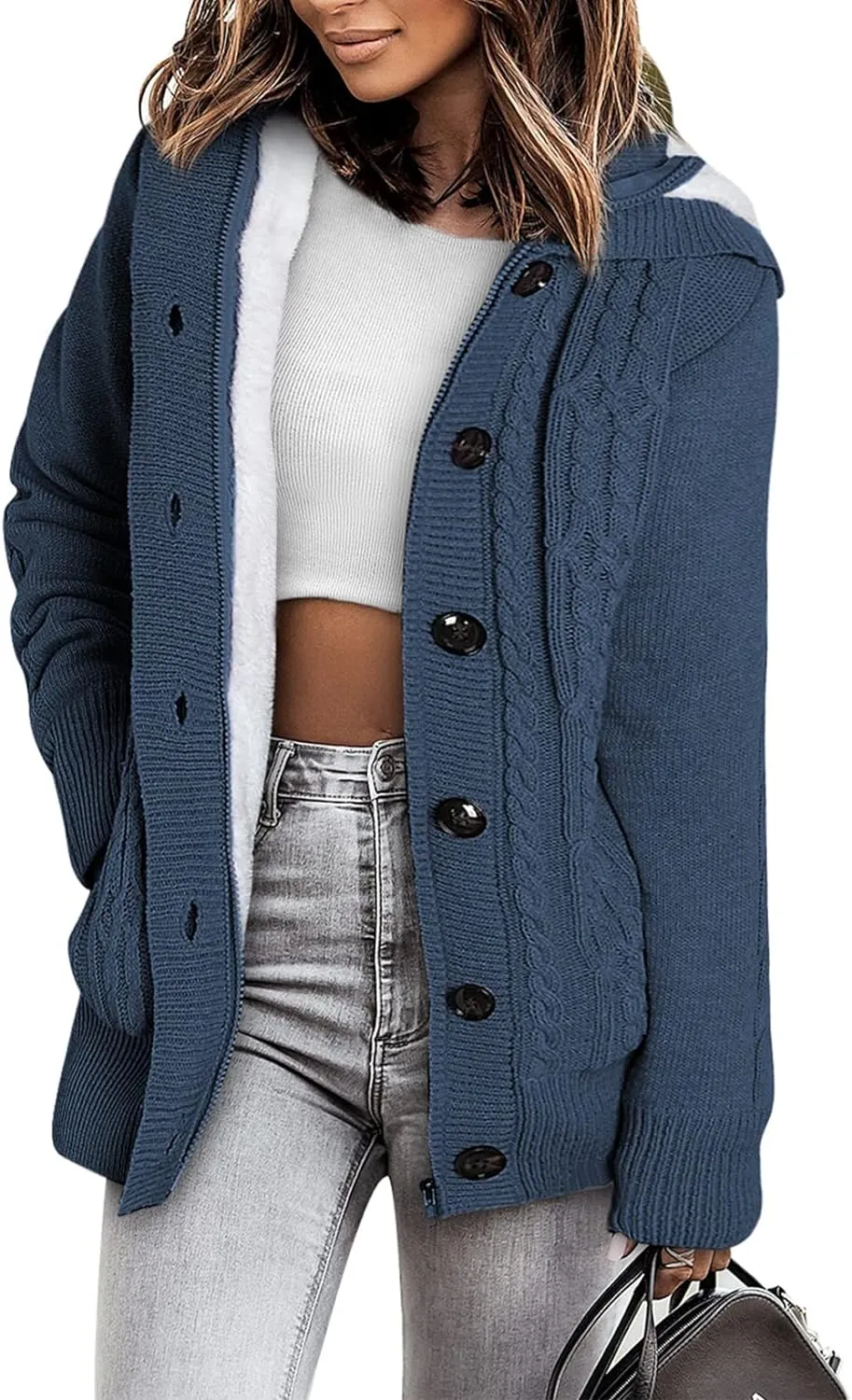 Sidefeel Women Hooded Knit Cardigans Button Cable Sweater Coat