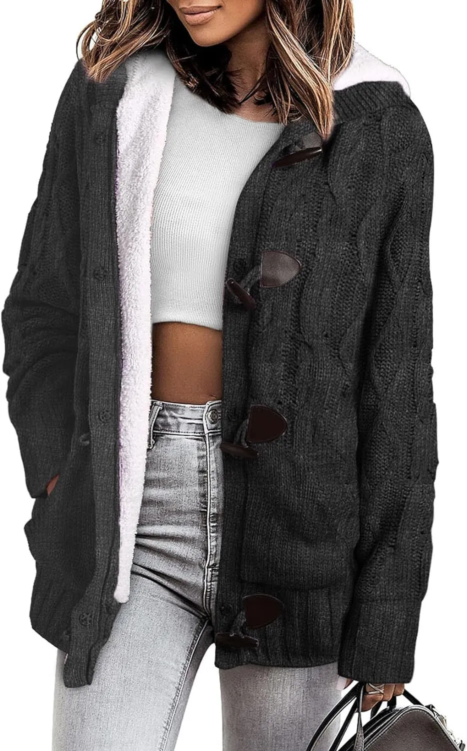 Sidefeel Women Hooded Knit Cardigans Button Cable Sweater Coat