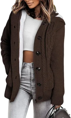 Sidefeel Women Hooded Knit Cardigans Button Cable Sweater Coat
