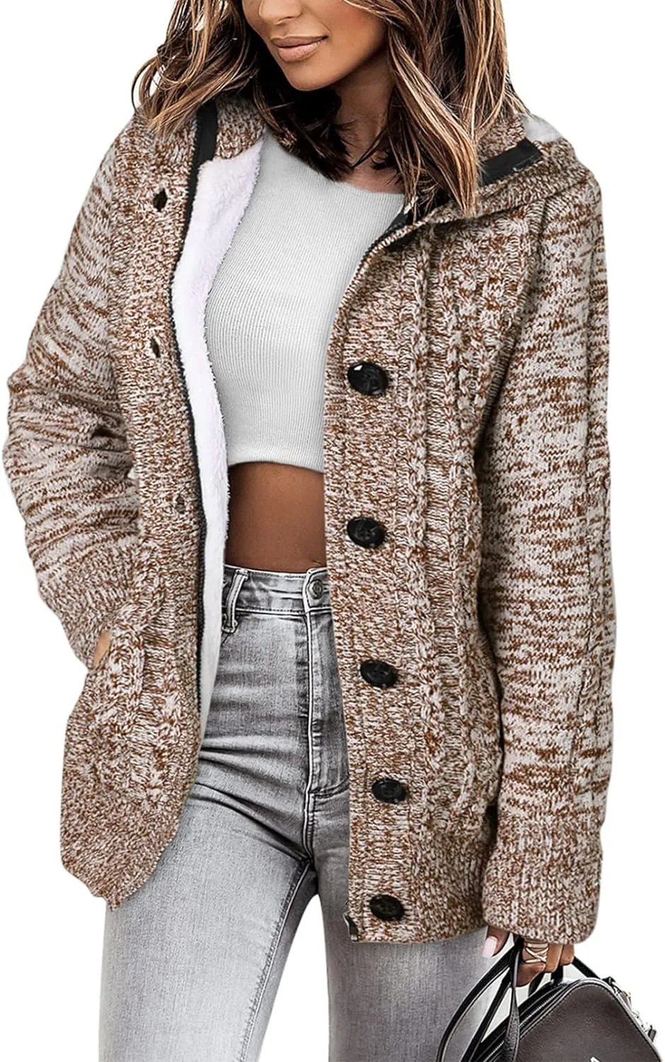 Sidefeel Women Hooded Knit Cardigans Button Cable Sweater Coat