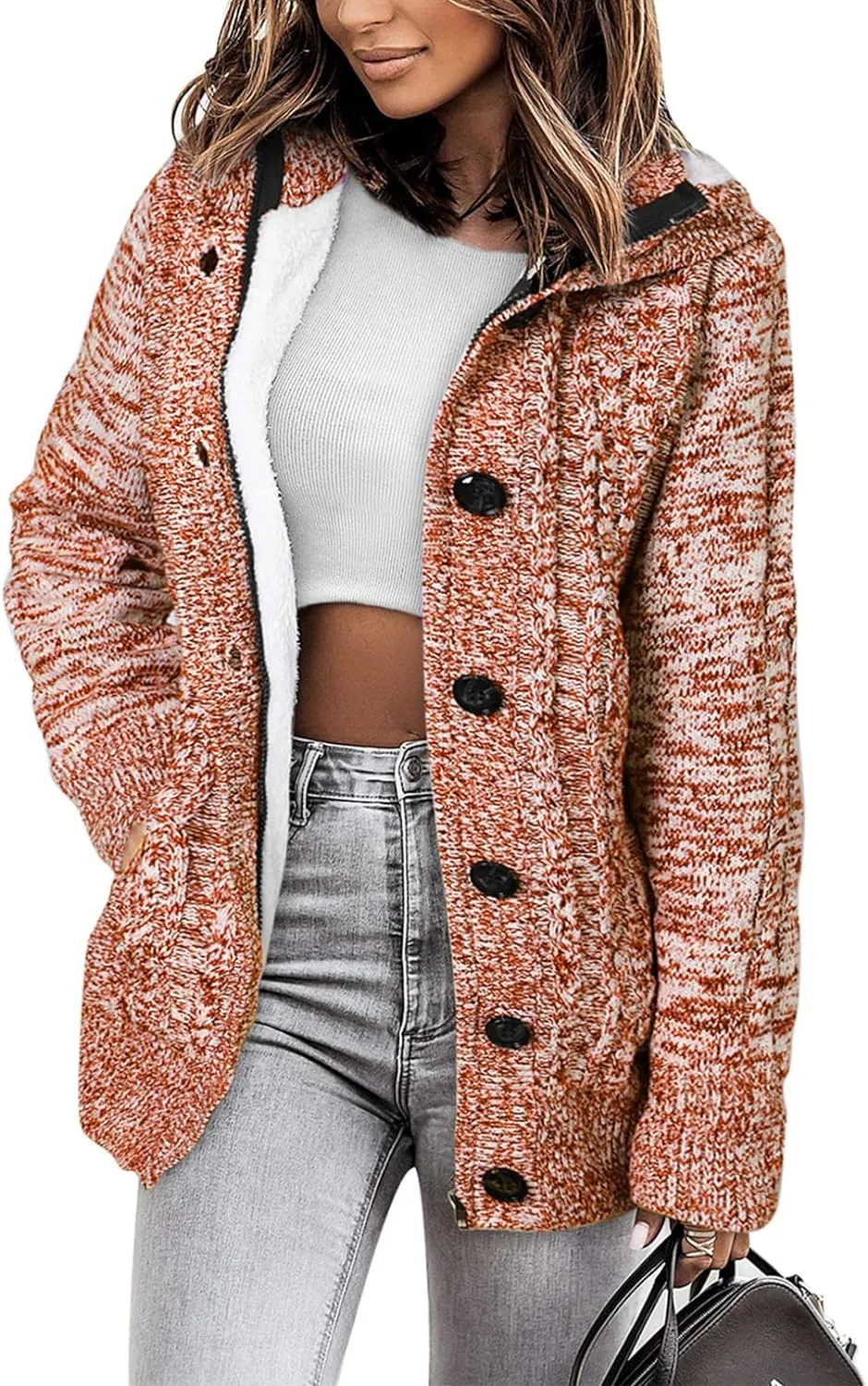 Sidefeel Women Hooded Knit Cardigans Button Cable Sweater Coat