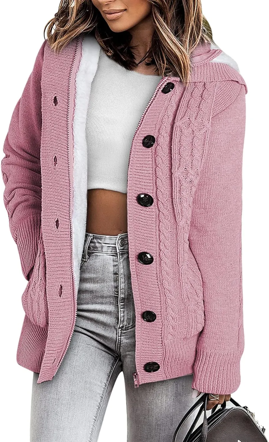 Sidefeel Women Hooded Knit Cardigans Button Cable Sweater Coat
