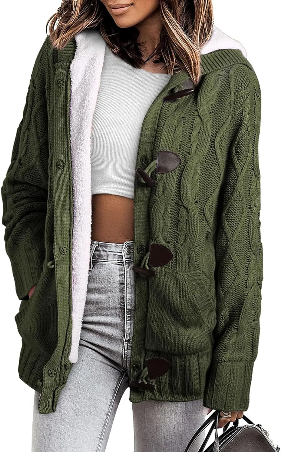 Sidefeel Women Hooded Knit Cardigans Button Cable Sweater Coat