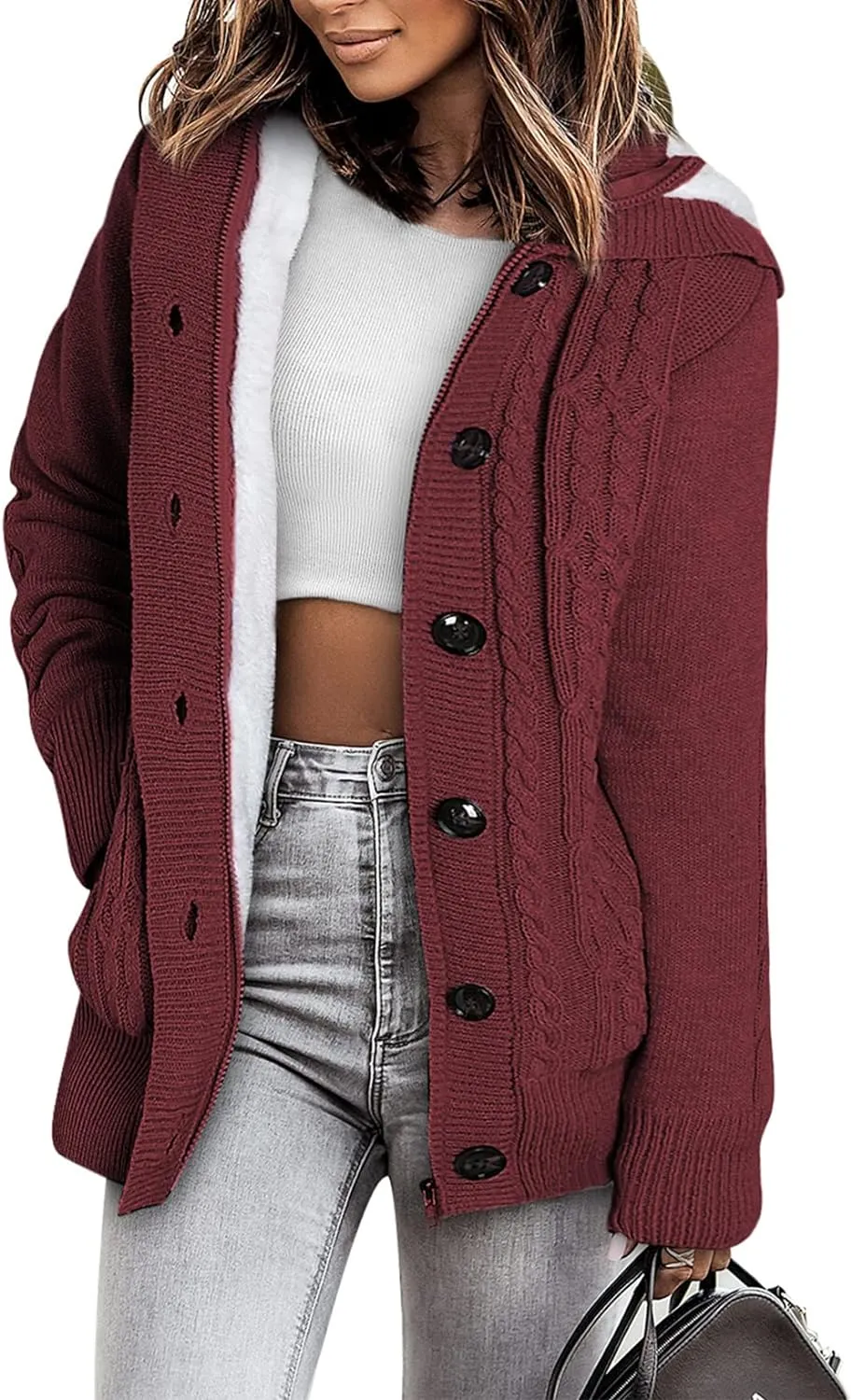 Sidefeel Women Hooded Knit Cardigans Button Cable Sweater Coat