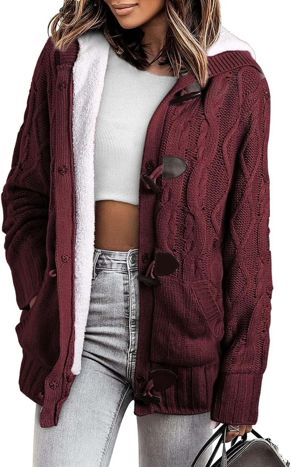 Sidefeel Women Hooded Knit Cardigans Button Cable Sweater Coat