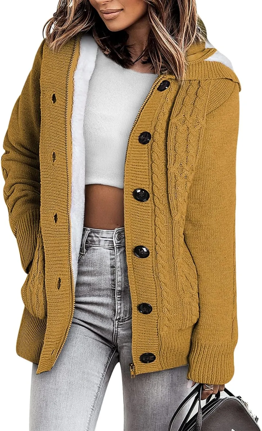 Sidefeel Women Hooded Knit Cardigans Button Cable Sweater Coat