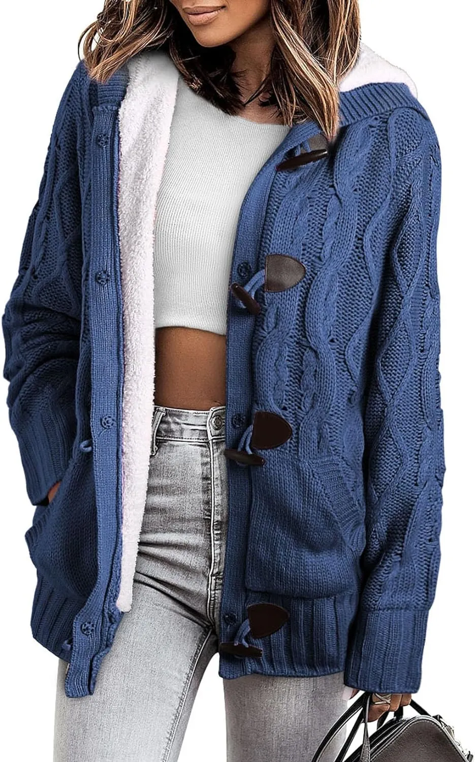 Sidefeel Women Hooded Knit Cardigans Button Cable Sweater Coat