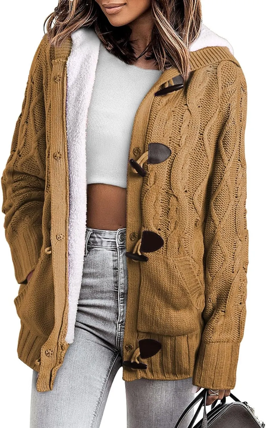 Sidefeel Women Hooded Knit Cardigans Button Cable Sweater Coat