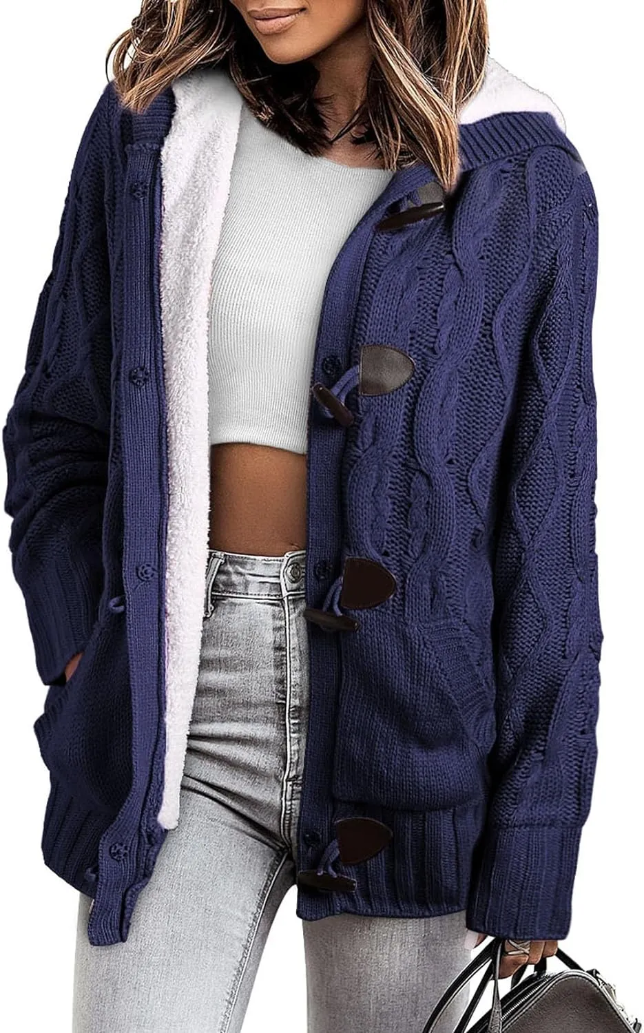 Sidefeel Women Hooded Knit Cardigans Button Cable Sweater Coat