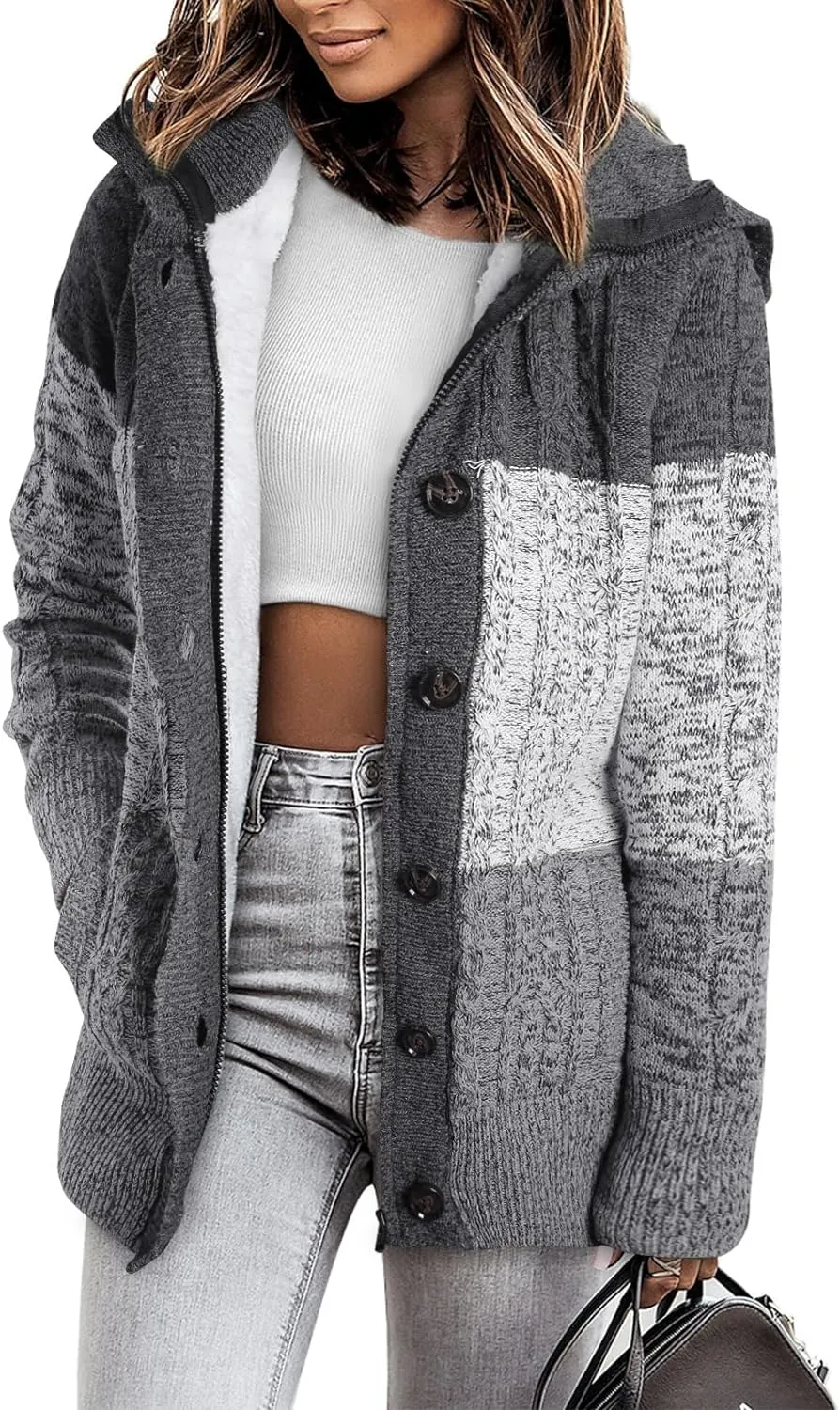 Sidefeel Women Hooded Knit Cardigans Button Cable Sweater Coat