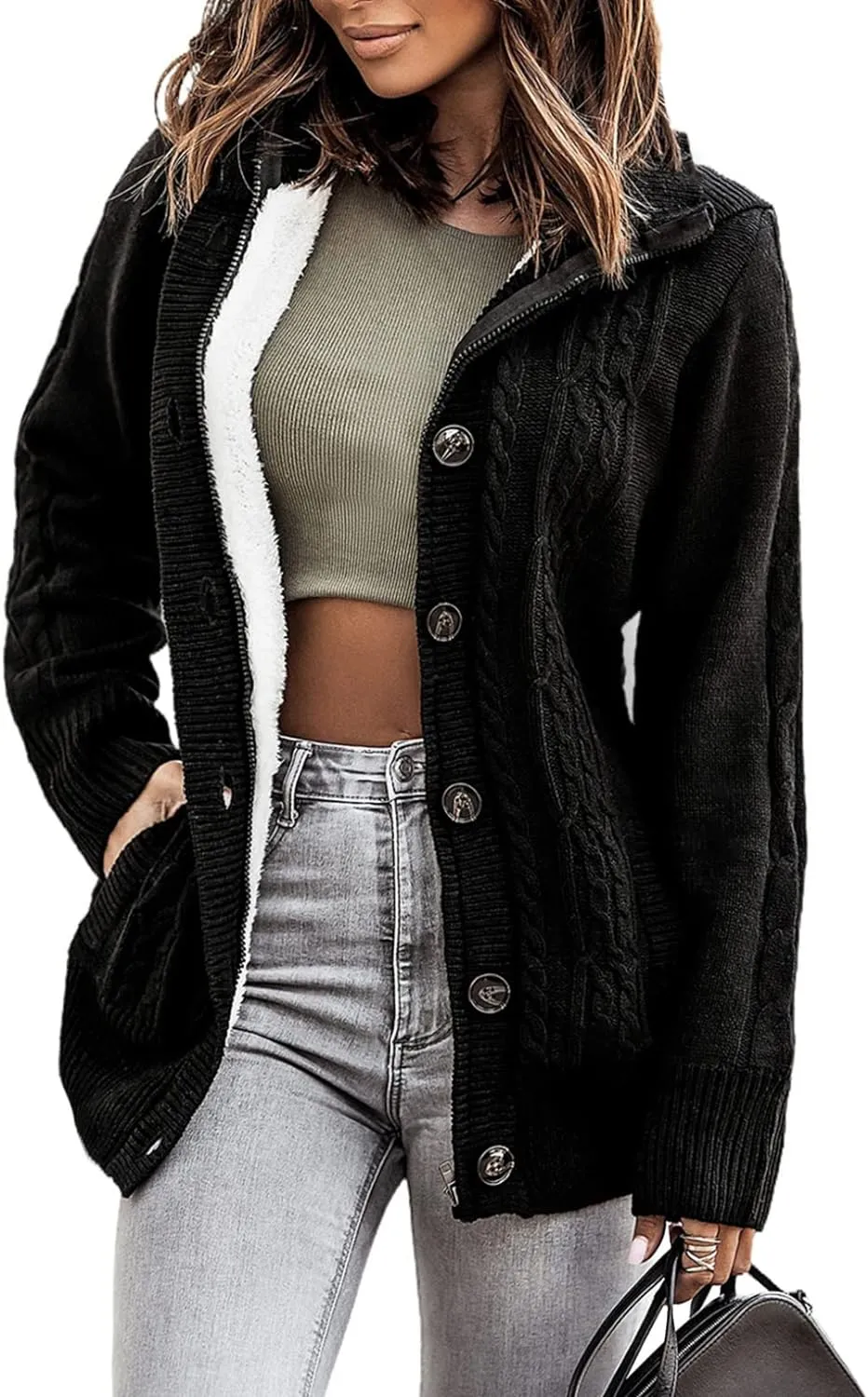 Sidefeel Women Hooded Knit Cardigans Button Cable Sweater Coat