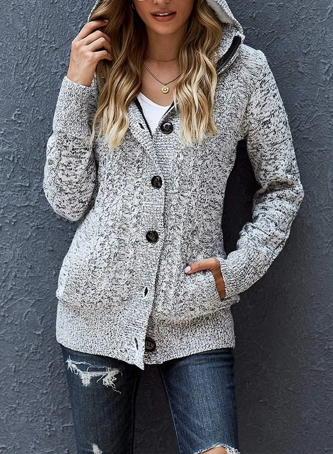Sidefeel Women Hooded Knit Cardigans Button Cable Sweater Coat