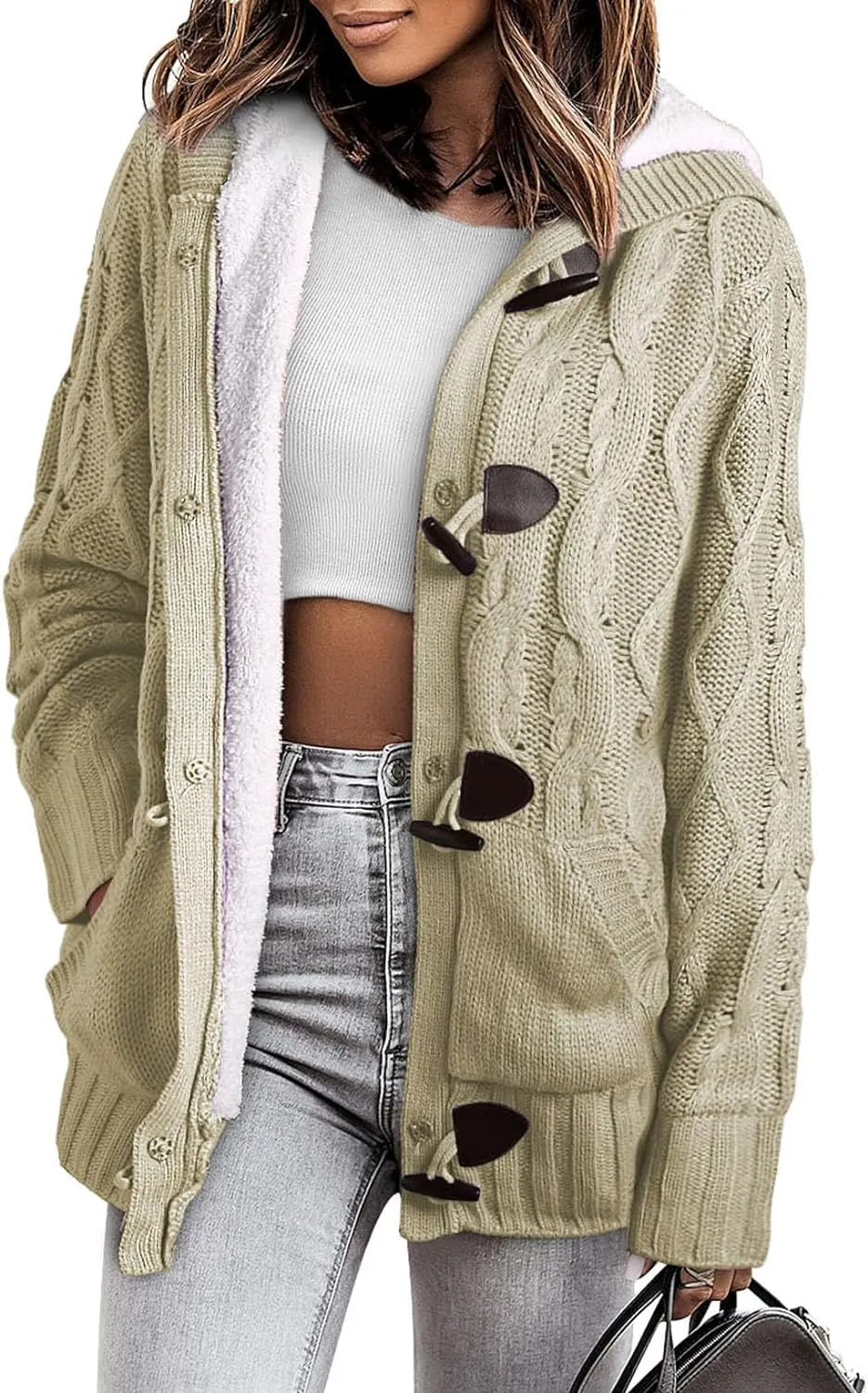 Sidefeel Women Hooded Knit Cardigans Button Cable Sweater Coat