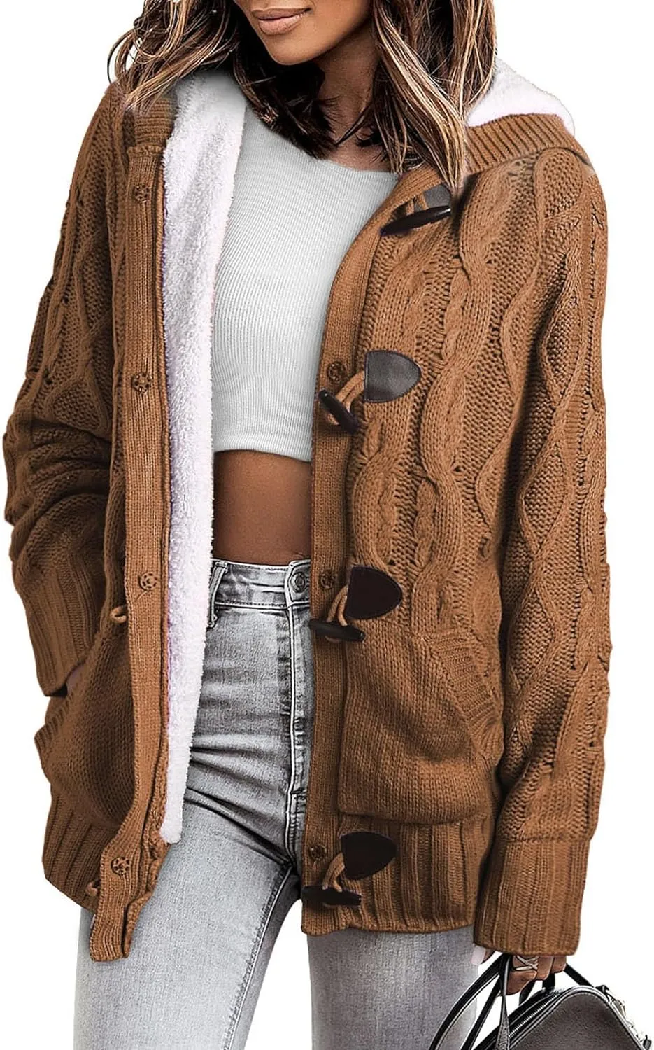 Sidefeel Women Hooded Knit Cardigans Button Cable Sweater Coat
