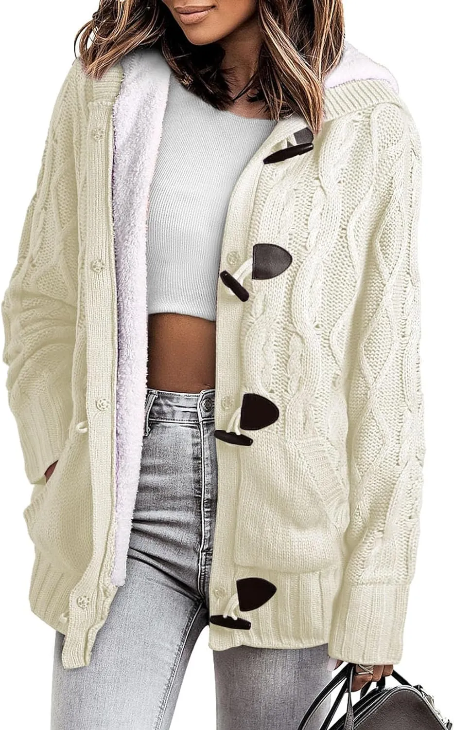 Sidefeel Women Hooded Knit Cardigans Button Cable Sweater Coat