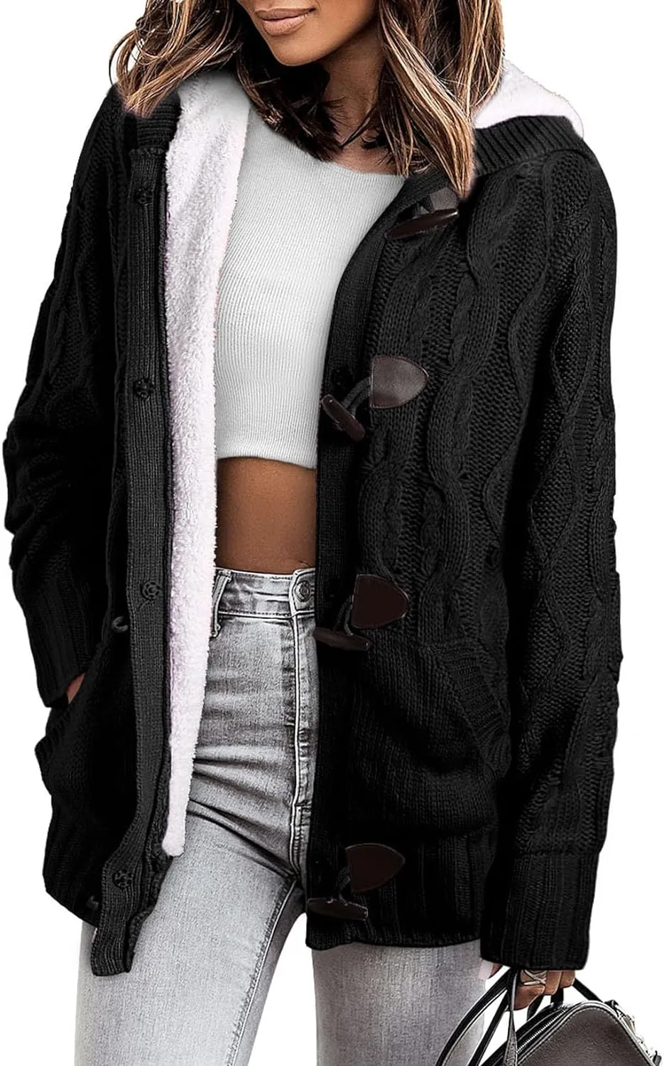 Sidefeel Women Hooded Knit Cardigans Button Cable Sweater Coat