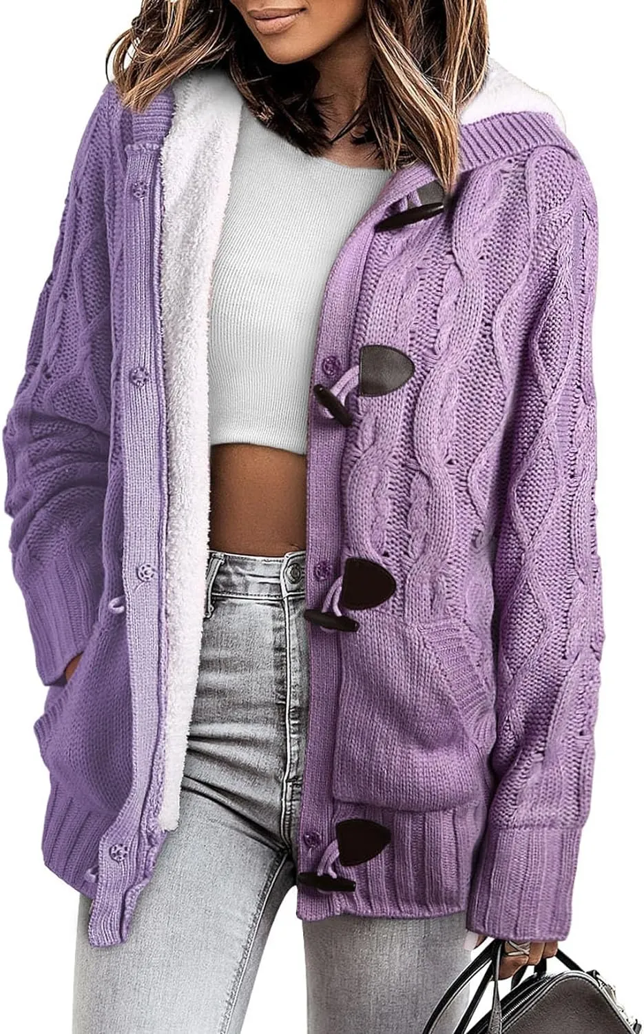 Sidefeel Women Hooded Knit Cardigans Button Cable Sweater Coat
