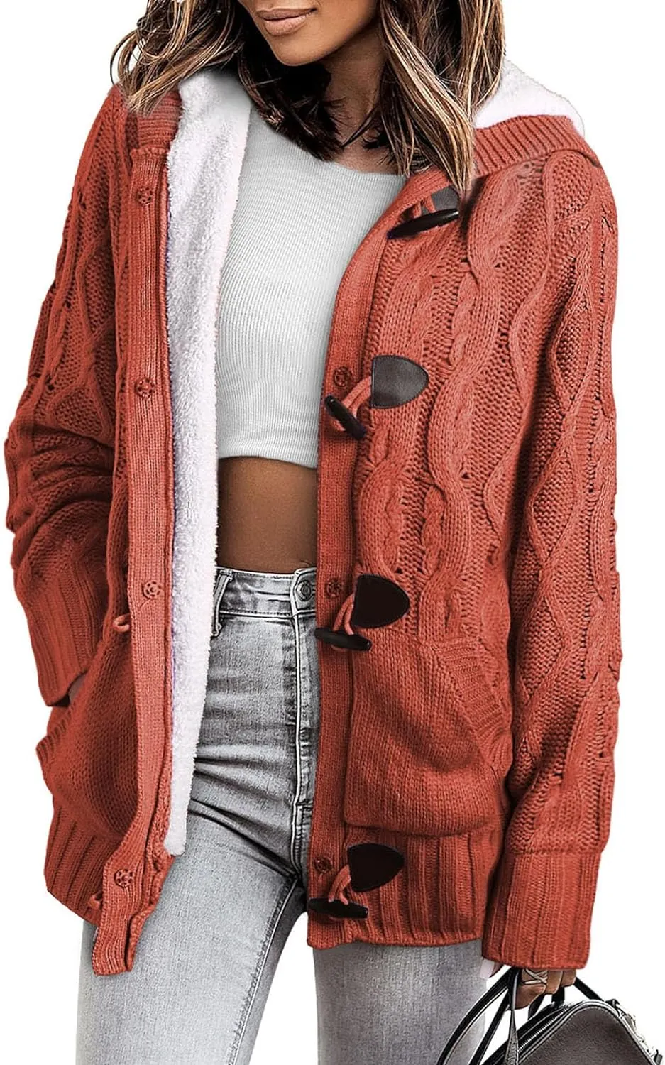Sidefeel Women Hooded Knit Cardigans Button Cable Sweater Coat