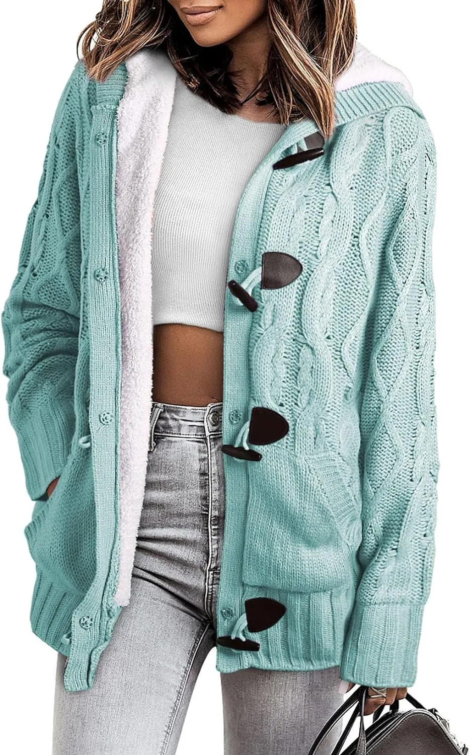 Sidefeel Women Hooded Knit Cardigans Button Cable Sweater Coat
