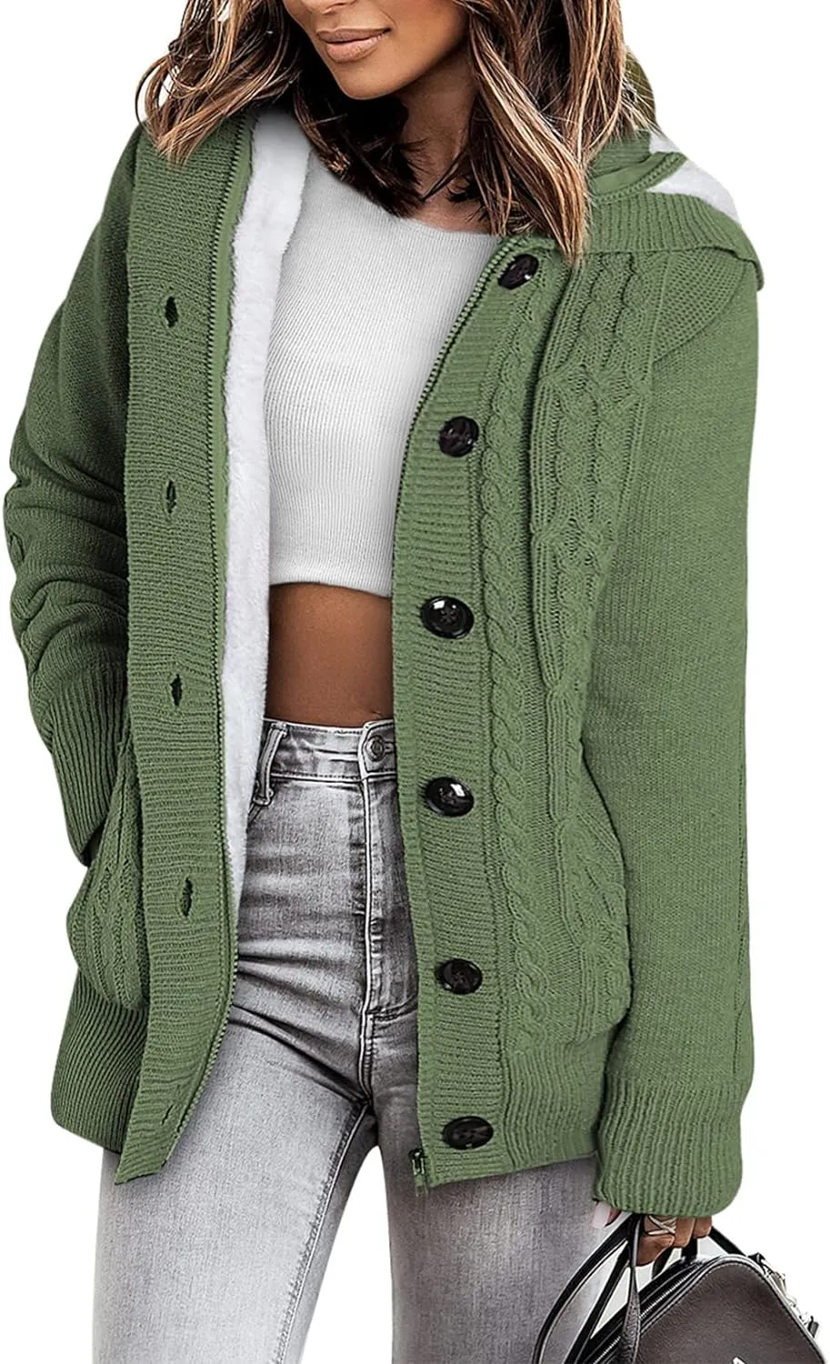 Sidefeel Women Hooded Knit Cardigans Button Cable Sweater Coat