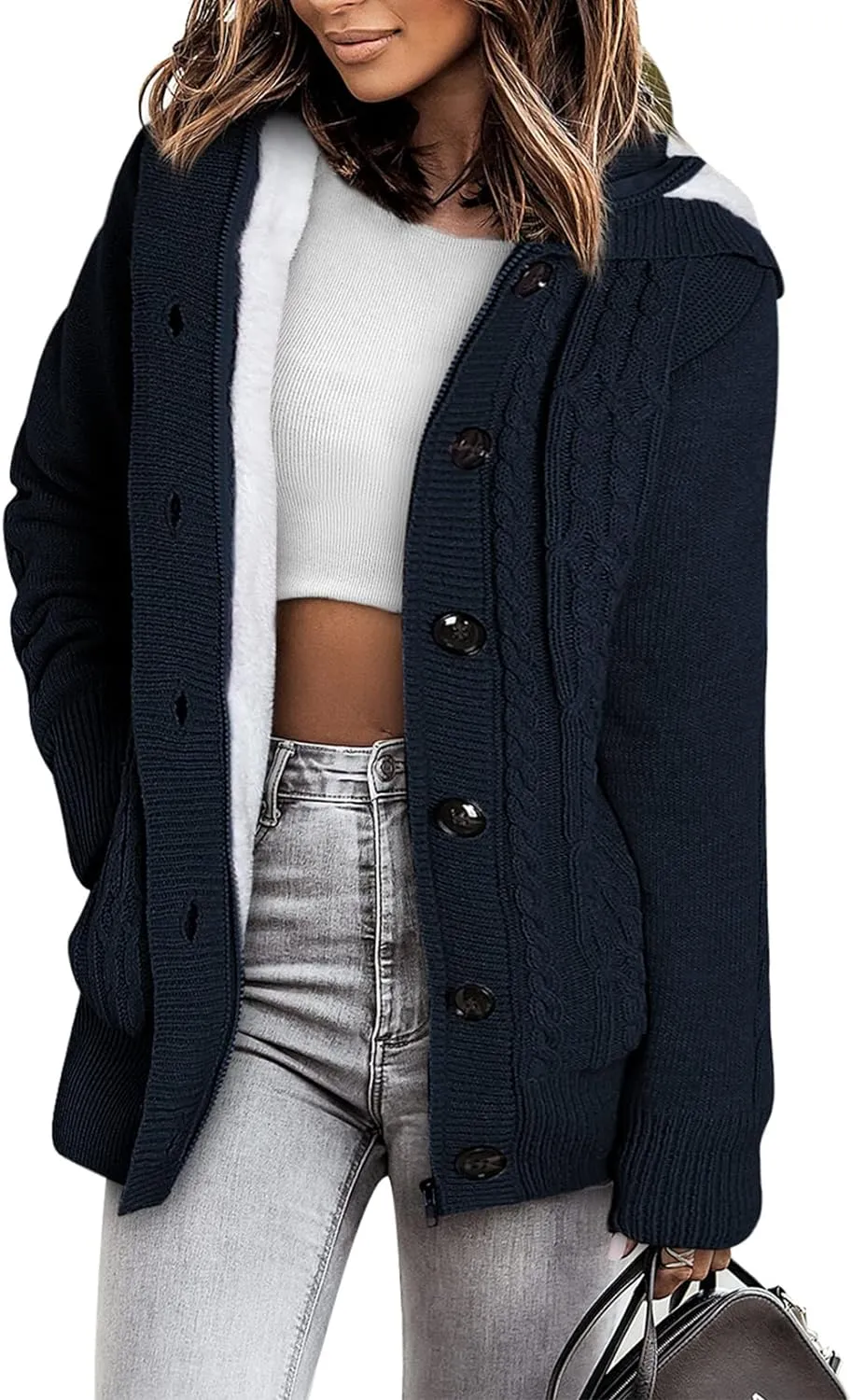 Sidefeel Women Hooded Knit Cardigans Button Cable Sweater Coat