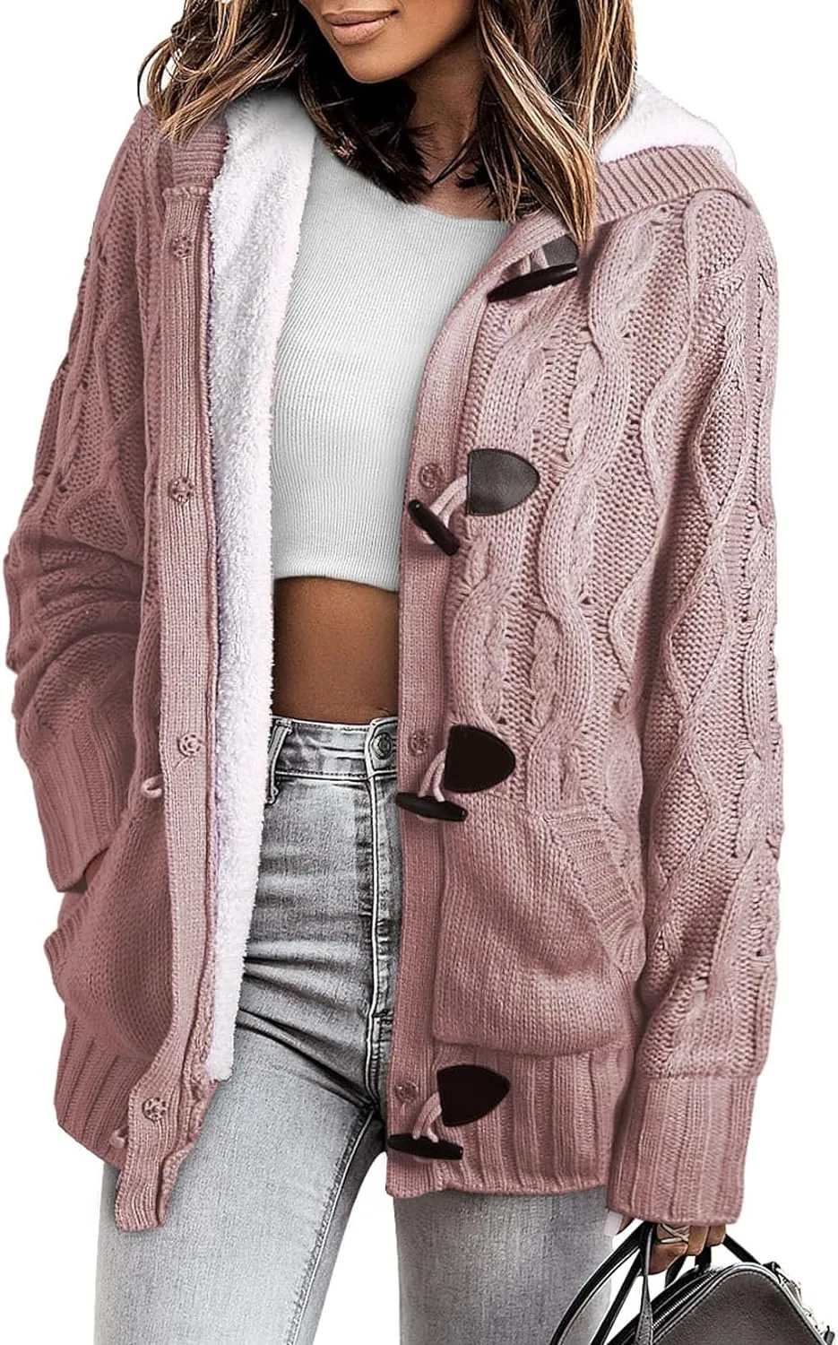 Sidefeel Women Hooded Knit Cardigans Button Cable Sweater Coat