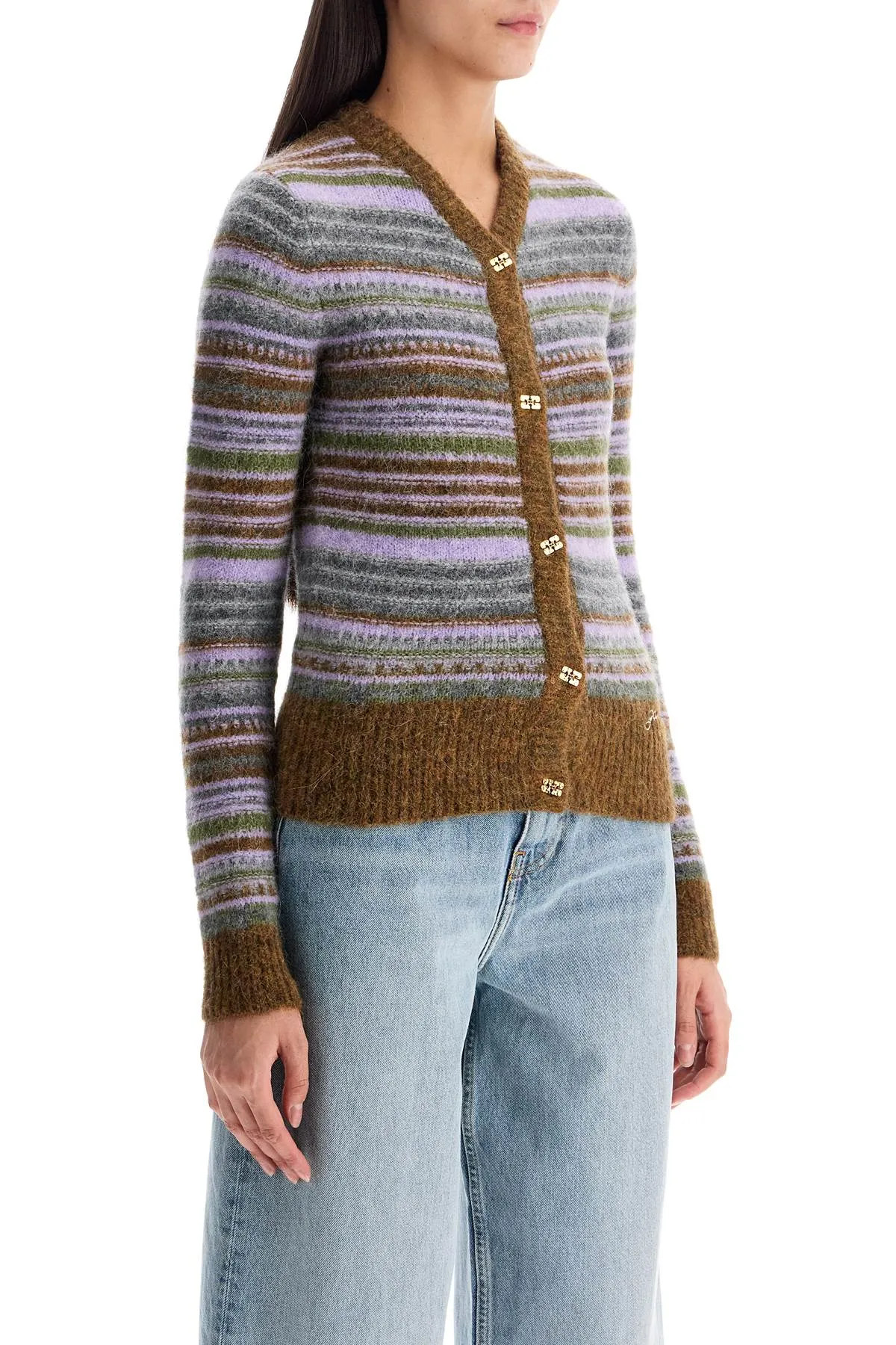 soft striped cardigan with fluffy K2355 MILITARY OLIVE