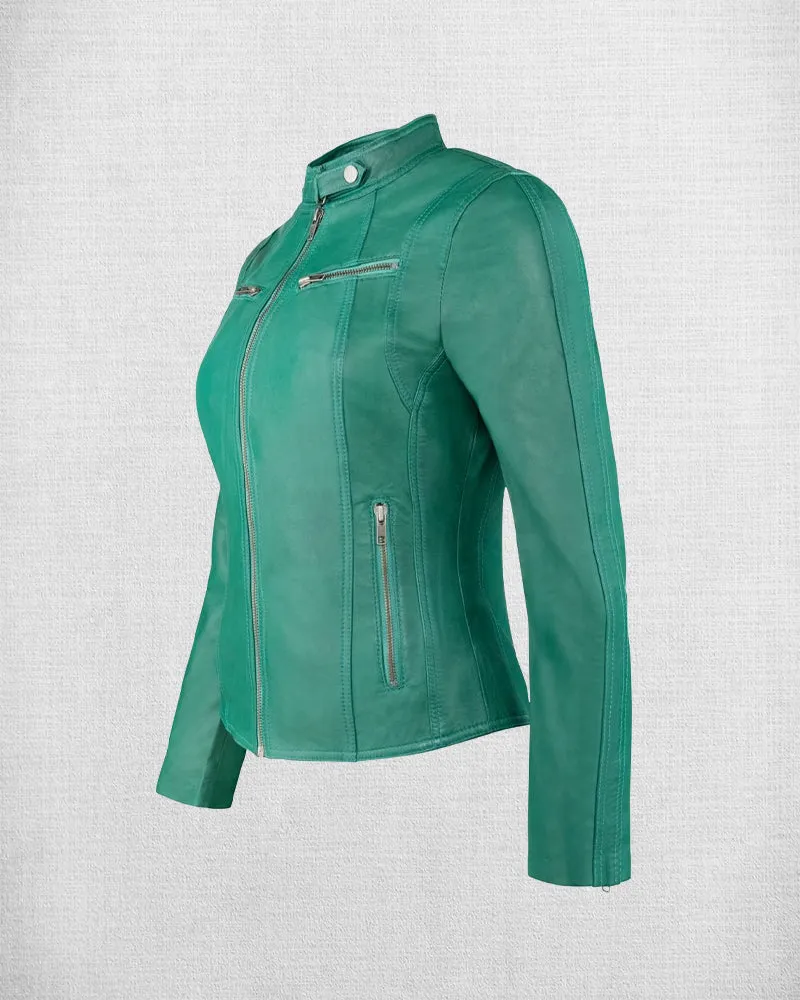 Stylish Green Leather Jacket For Women