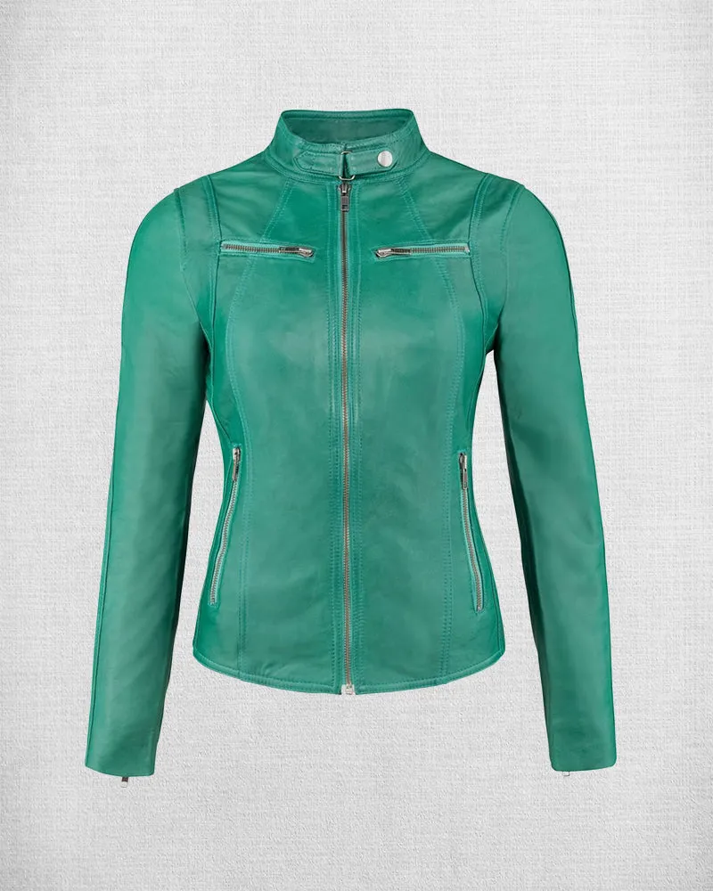 Stylish Green Leather Jacket For Women