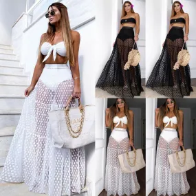 Summer Swimwear Women Maxi Skirt See Through Polka Dot Pleated Retro Swimsuit Bikini Cover Up Elastic Waist Bathing Skirts