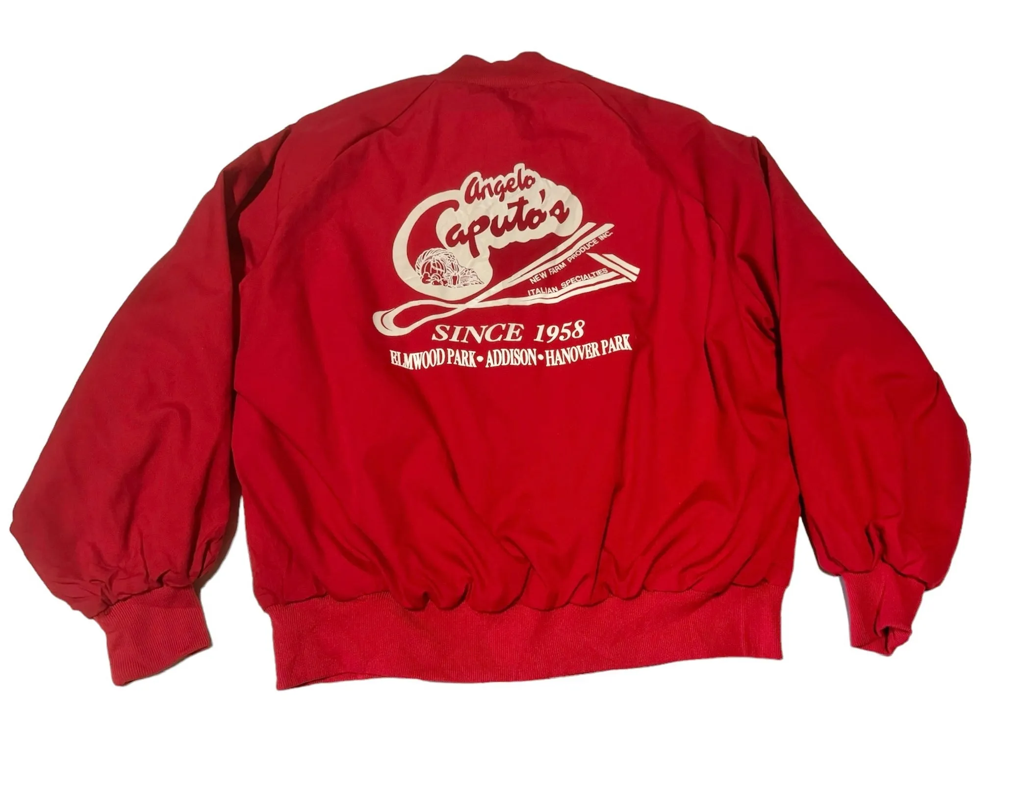 Vintage Red Angelo Caputo’s Farm Produce Bomber Jacket (XL)