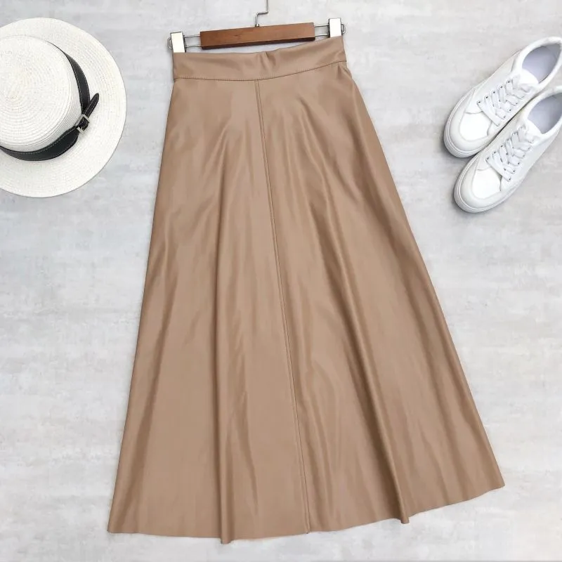 Women Skirts High Waist Elastic Latex Female Chic Flare Flare Long Skirt