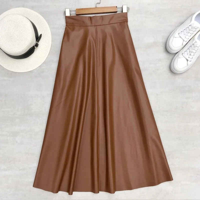 Women Skirts High Waist Elastic Latex Female Chic Flare Flare Long Skirt