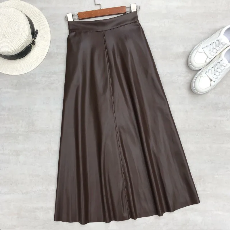 Women Skirts High Waist Elastic Latex Female Chic Flare Flare Long Skirt
