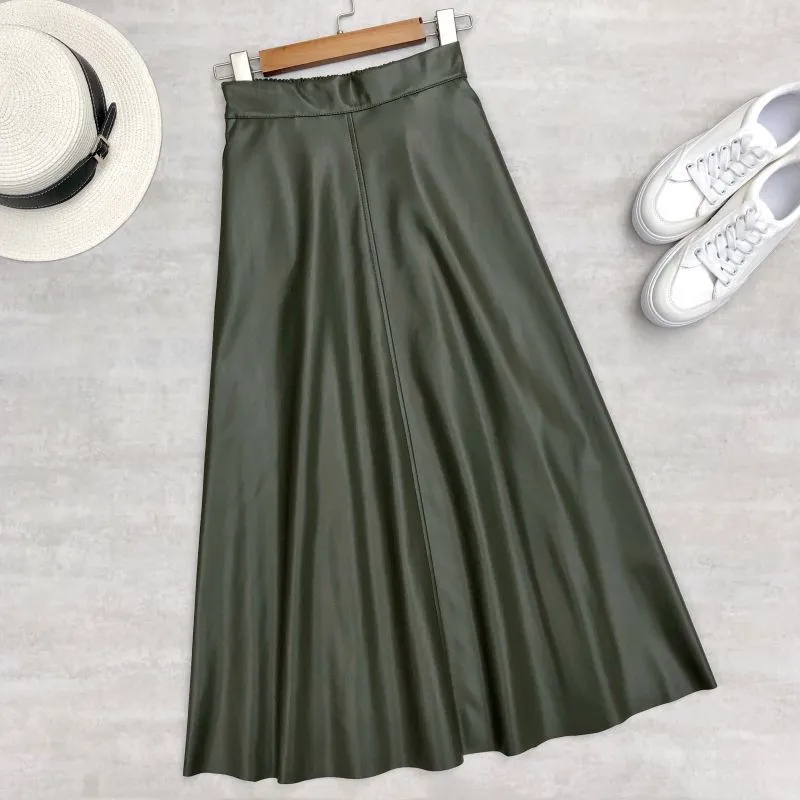 Women Skirts High Waist Elastic Latex Female Chic Flare Flare Long Skirt