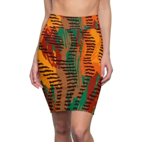 Womens Pencil Skirt, Orange Safari Stretch Mini
