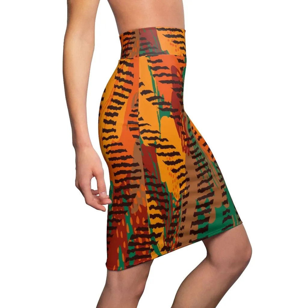 Womens Pencil Skirt, Orange Safari Stretch Mini