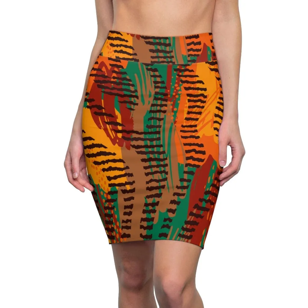 Womens Pencil Skirt, Orange Safari Stretch Mini